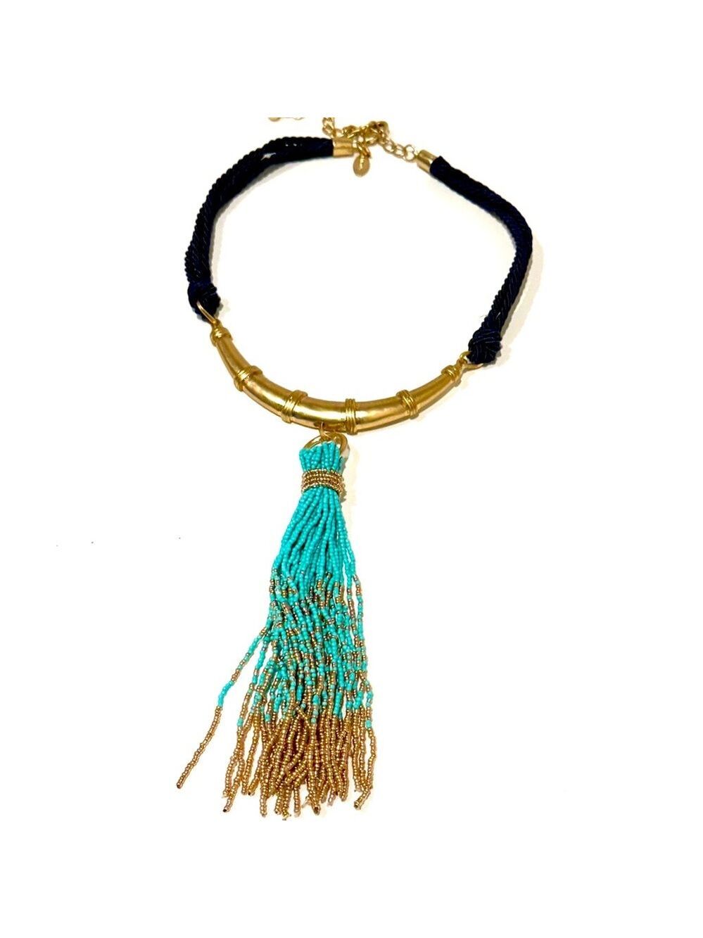 CHICO’S | Navy Rope & Aqua Beaded Tassel Golden Collar Necklace | NEW - Picture 3 of 8